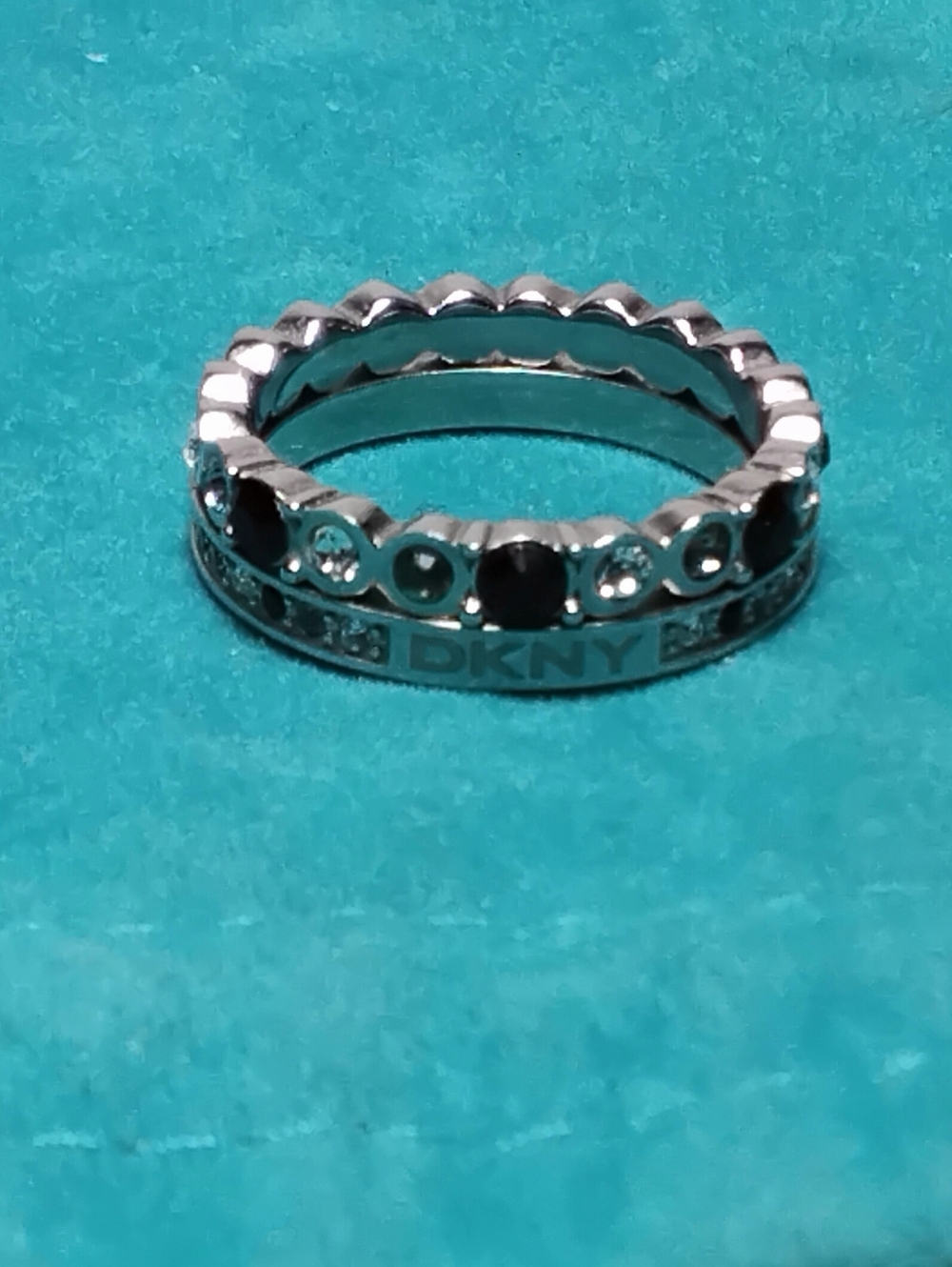 DKNY Rhinestone and Blue Stone Steel Ring Sz 8-1/2